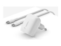 Belkin BoostCharge - Strömadapter - 20 Watt - 3 A - Strömmatning 3.1, Fast Charge (24 pin USB-C) - på kabel: USB-C - MFI-certifierad - vit - med USB-C till USB-C-kabel WCA006VF1MWH-B6